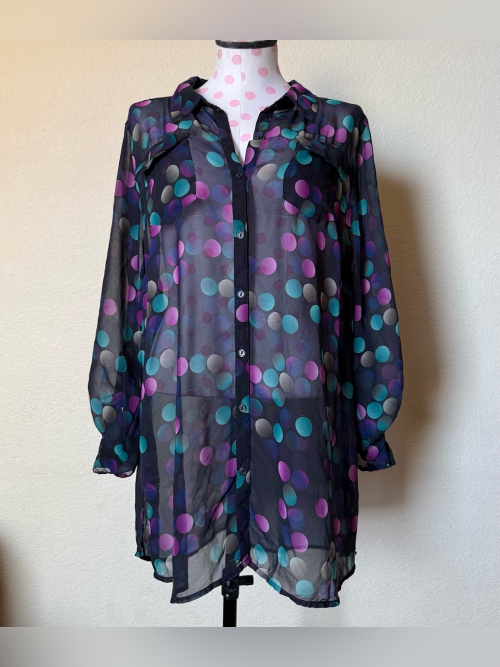 Lane Bryant Sheer Black Button-Down Blouse with Teal & Purple Polka Dots